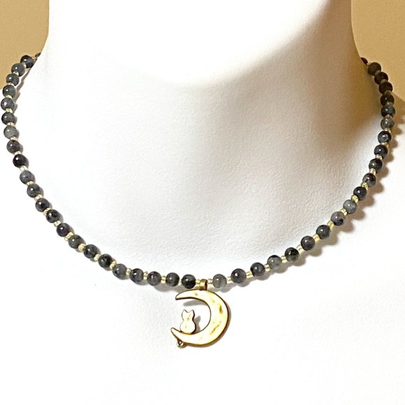 Larvikite Bronze Cat on the Moon Necklace, Genuine Gemstone Beaded Necklace - Picture 1 of 10